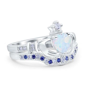 Claddagh Ring Bridal Piece Sapphire Created White Opal 925 Sterling Silver Wholesale